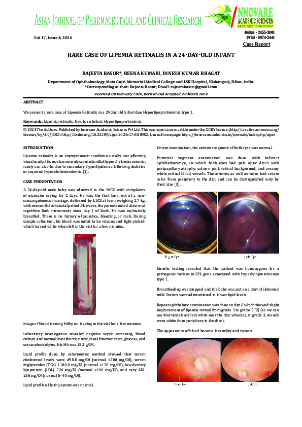 (PDF) RARE CASE OF LIPEMIA RETINALIS IN A 24-DAY-OLD INFANT