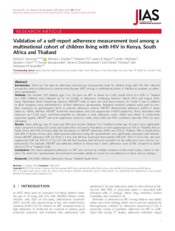 (PDF) Validation of a self‐report adherence measurement tool among a ...