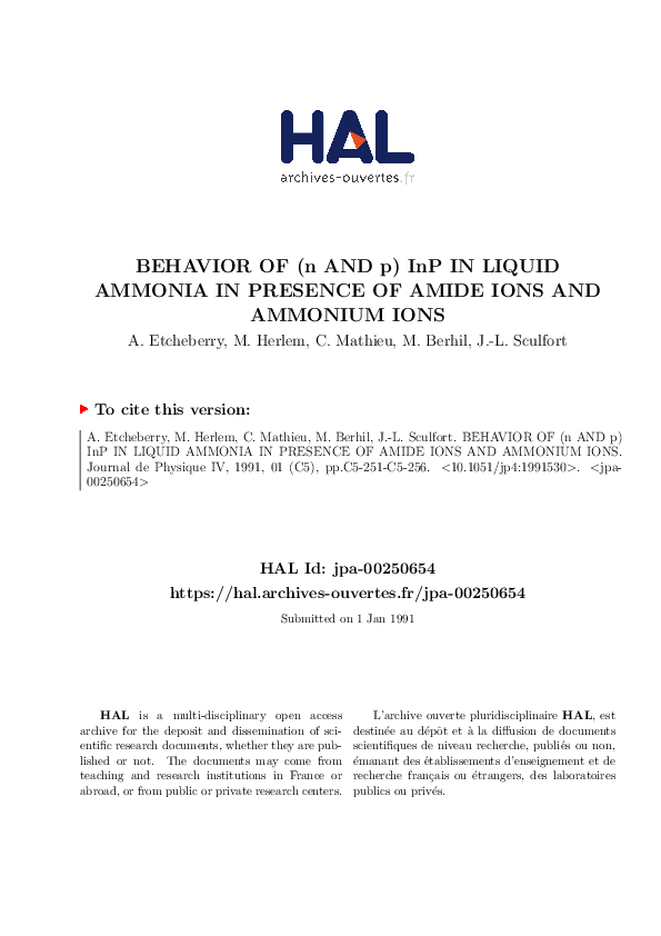 (PDF) BEHAVIOR OF (n AND p) InP IN LIQUID AMMONIA IN PRESENCE OF AMIDE ...