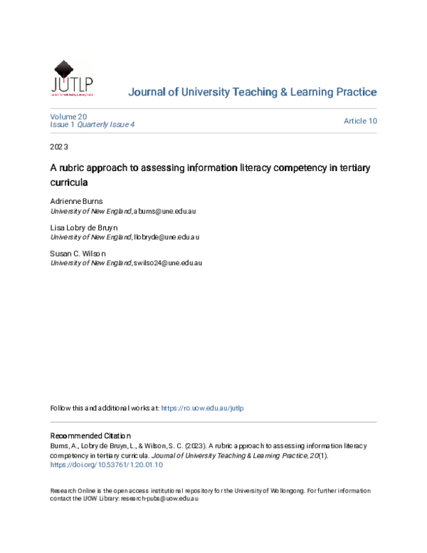 (PDF) A rubric approach to assessing information literacy competency in ...