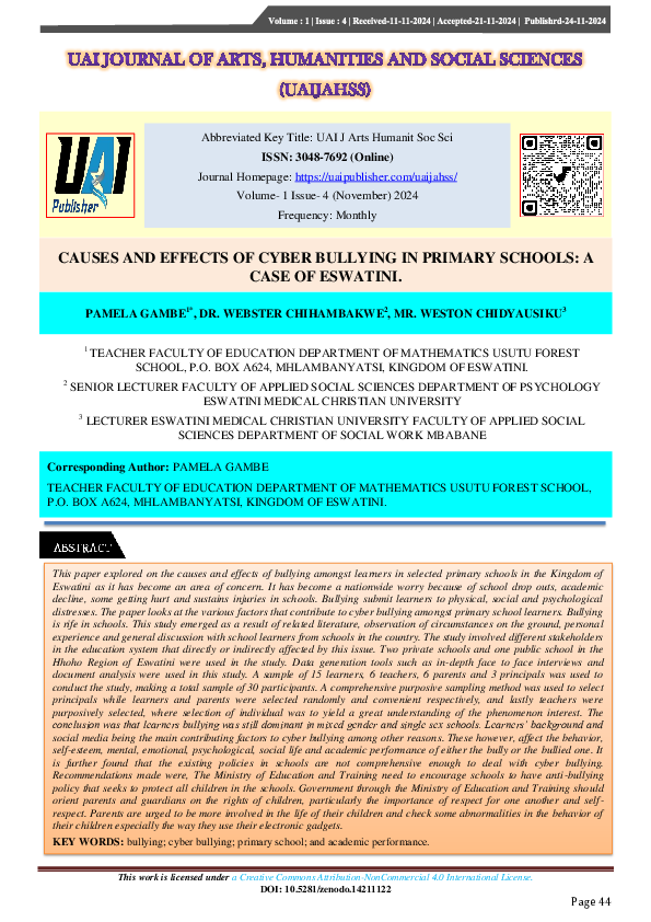(PDF) CAUSES AND EFFECTS OF CYBER BULLYING IN PRIMARY SCHOOLS: A CASE ...