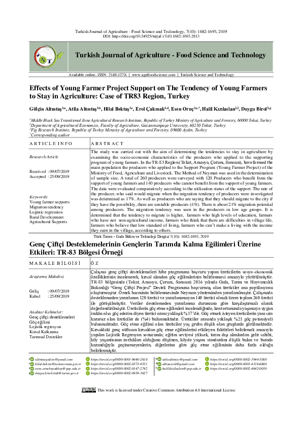 First page of “Genç Çiftçi Desteklemelerinin Gençlerin Tarımda Kalma Eğilimleri Üzerine Etkileri: TR-83 Bölgesi Örneği”
