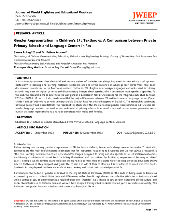 (PDF) Gender Representation in Children’s EFL Textbooks: A Comparison ...