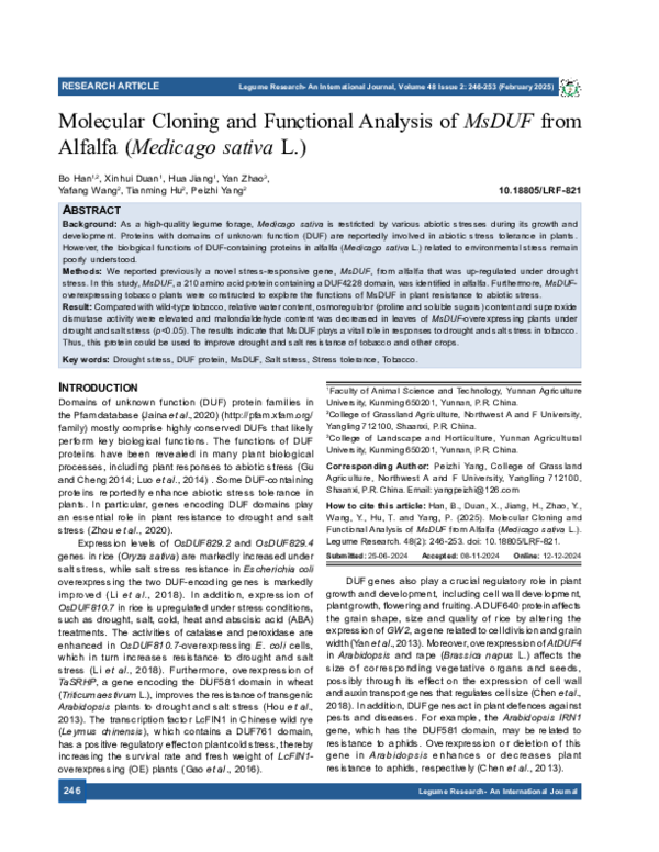 (PDF) Molecular Cloning and Functional Analysis of MsDUF from Alfalfa ...
