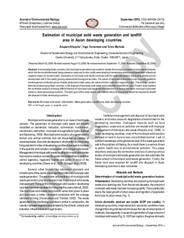 (PDF) Estimation of municipal solid waste generation and landfill area ...
