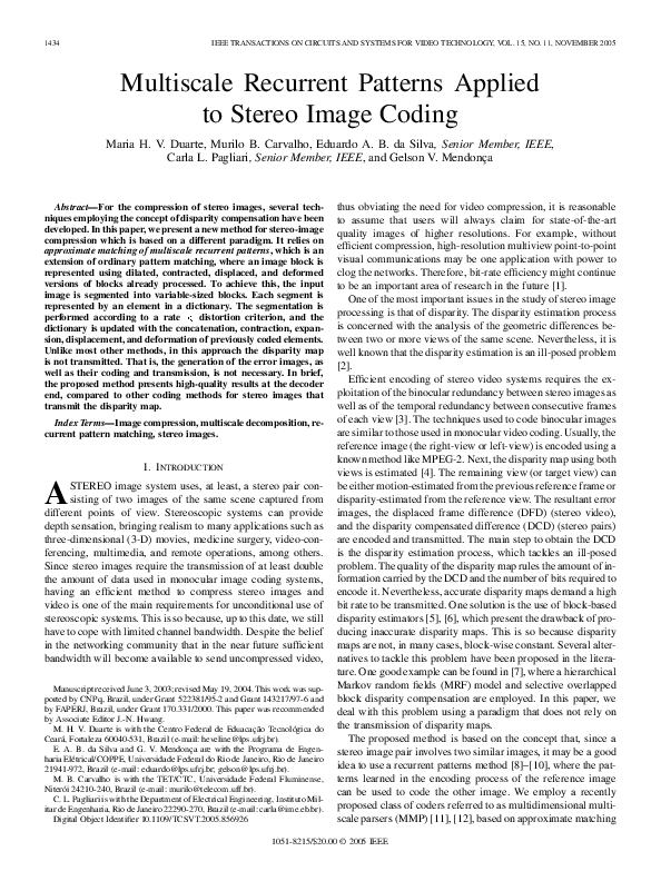 (PDF) Multiscale recurrent patterns applied to stereo image coding