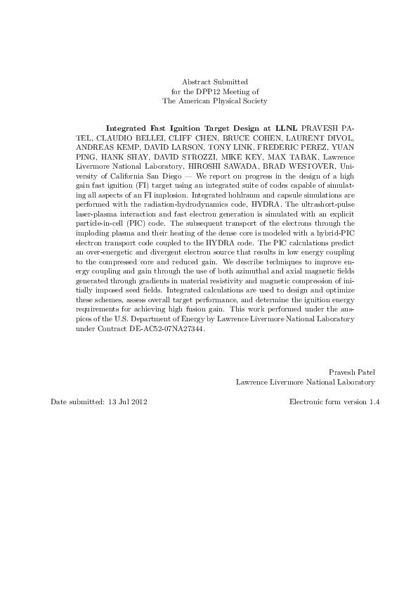 (PDF) Integrated Fast Ignition Target Design at LLNL