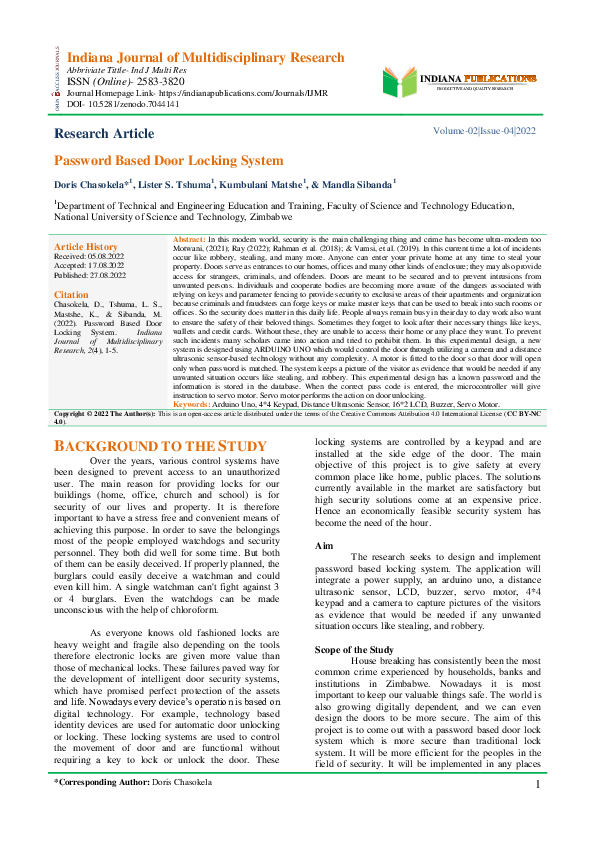 (PDF) Password Based Door Locking System