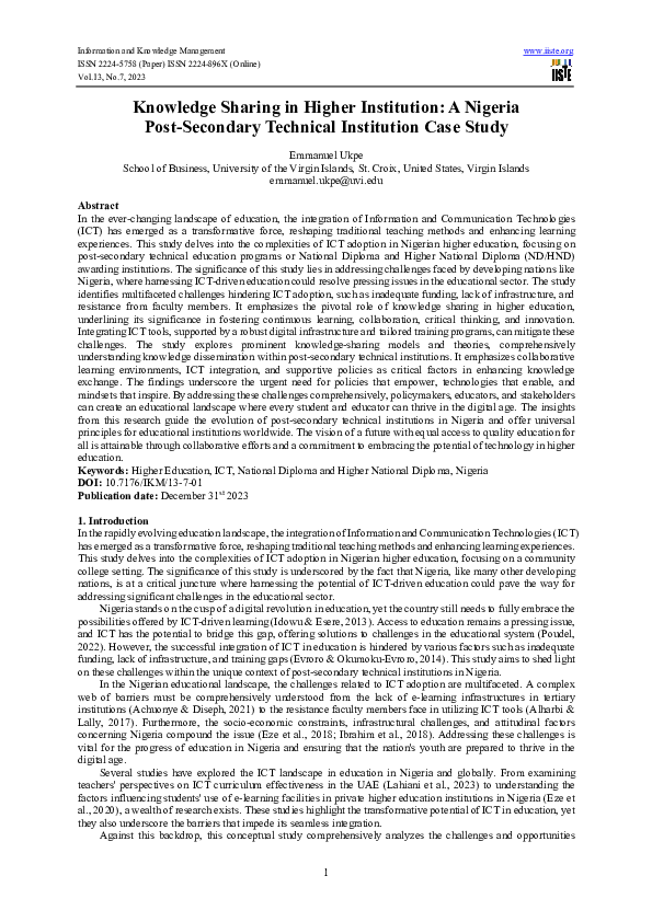(PDF) Knowledge Sharing in Higher Institution: A Nigeria Post-Secondary ...
