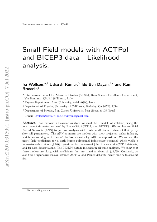 (PDF) Small Field models with ACTPol and BICEP3 data -- Likelihood analysis