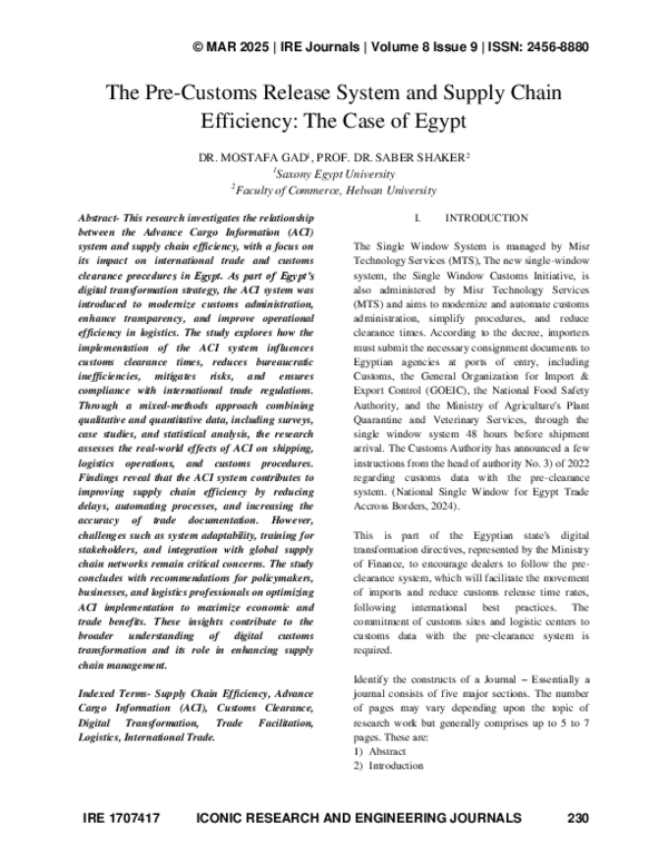 (PDF) The Pre-Customs Release System and Supply Chain Efficiency: The ...