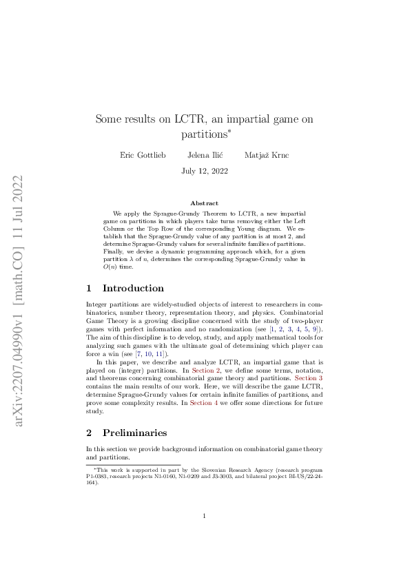 (PDF) Some results on LCTR, an impartial game on partitions