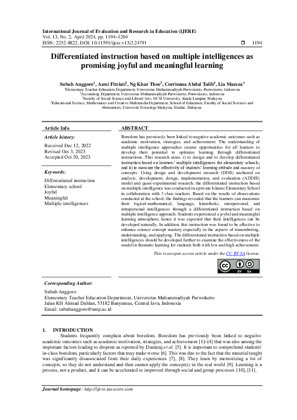 (PDF) Differentiated instruction based on multiple intelligences as ...