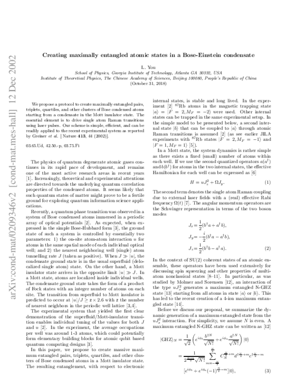 (PDF) Creating Maximally Entangled Atomic States in a Bose-Einstein ...
