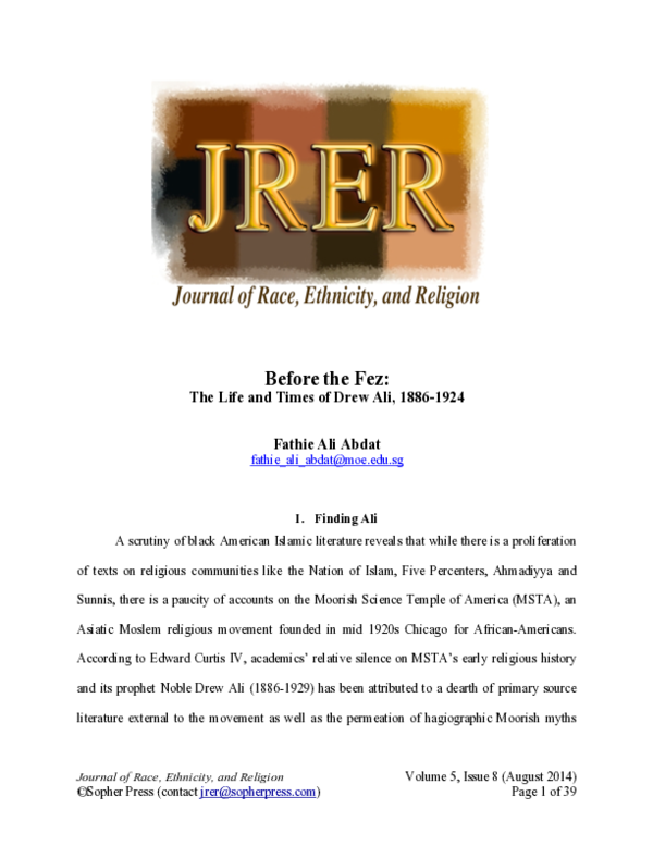 (PDF) Before the Fez: Life and Times of Drew Ali, 1886-1924