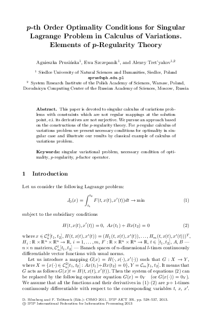 (PDF) p-th Order Optimality Conditions for Singular Lagrange Problem in ...