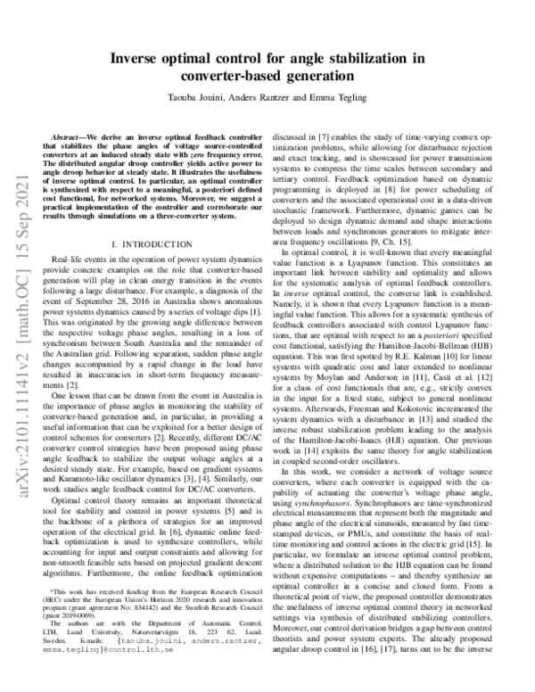 (PDF) Inverse optimal control for angle stabilization in converter ...