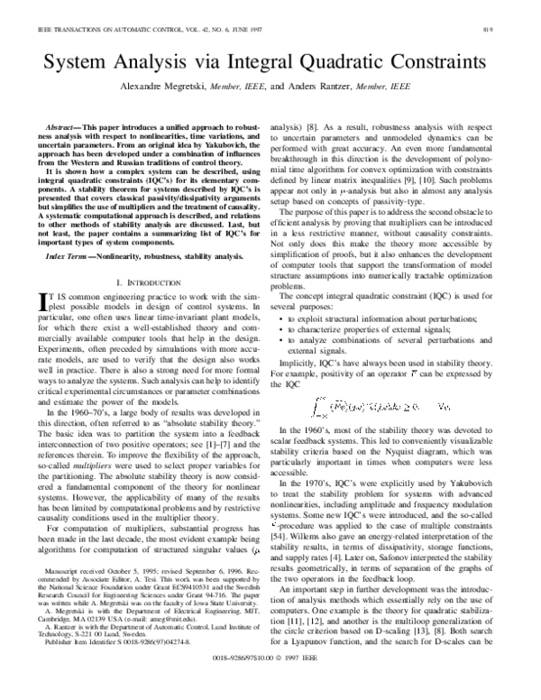 (PDF) System analysis via integral quadratic constraints