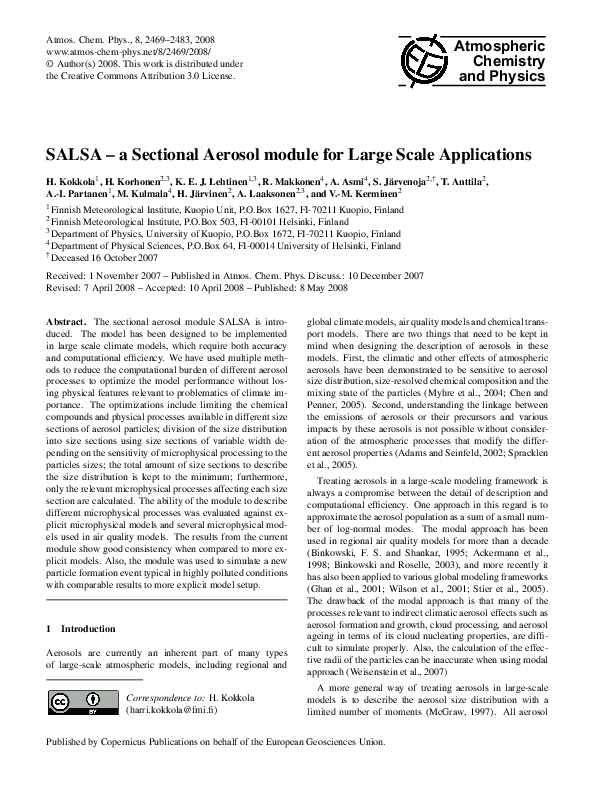 (PDF) SALSA? a Sectional Aerosol module for Large Scale Applications