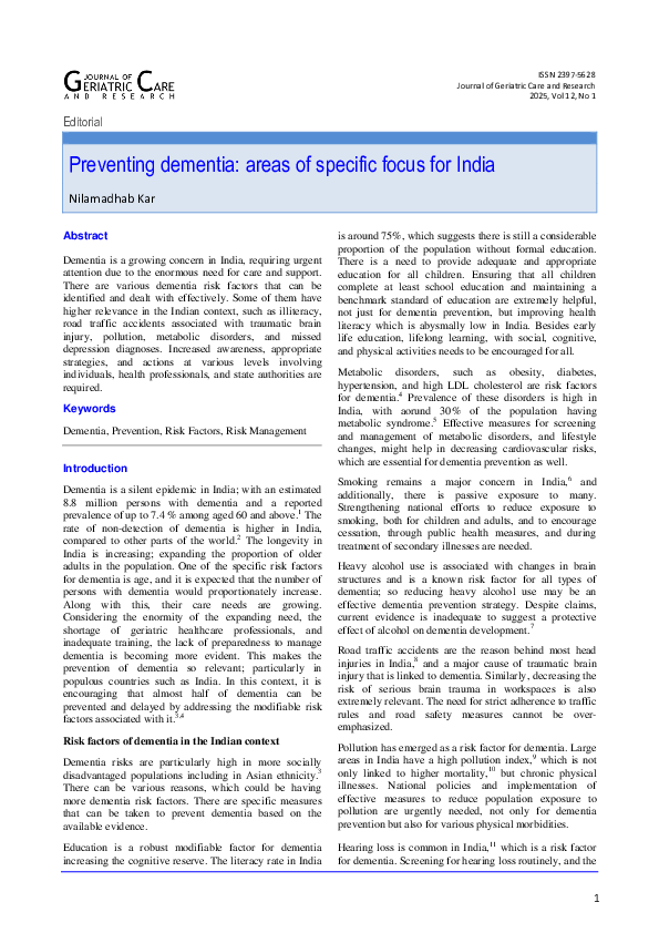 (PDF) Preventing dementia: areas of specific focus for India