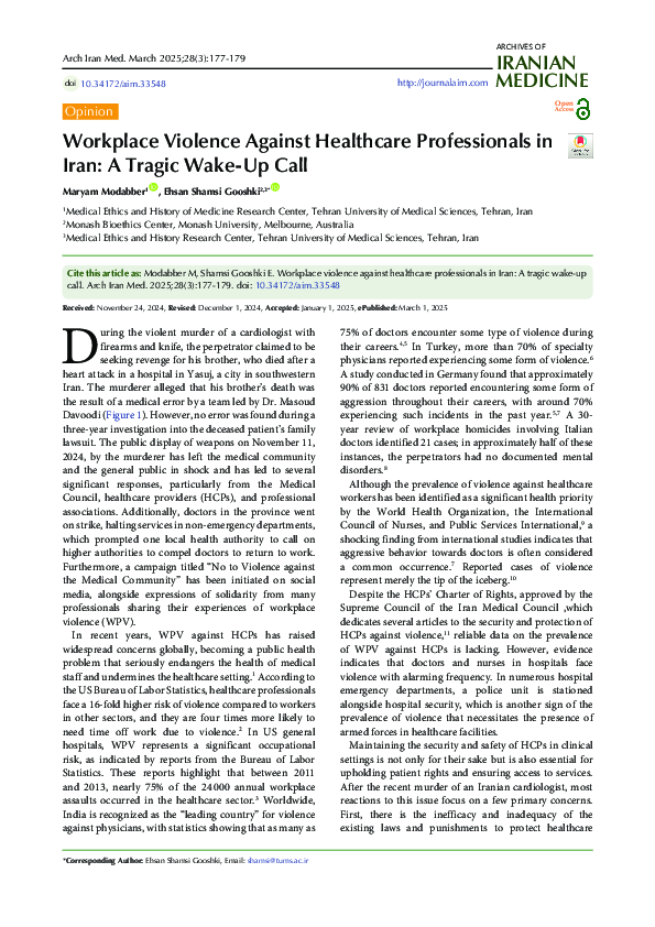 (PDF) Workplace Violence Against Healthcare Professionals in Iran: A ...