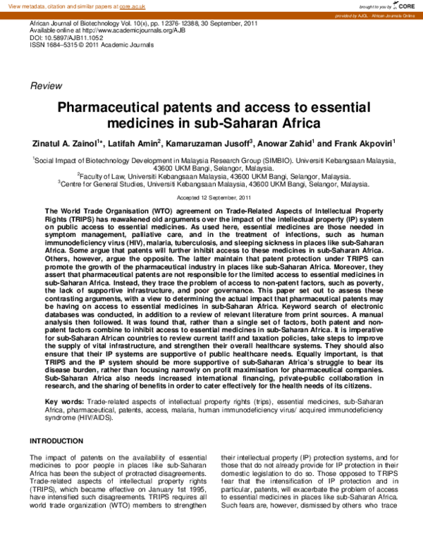 (PDF) Pharmaceutical patents and access to essential medicines in sub ...