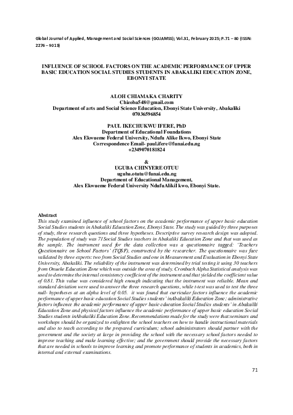 (PDF) INFLUENCE OF SCHOOL FACTORS ON THE ACADEMIC PERFORMANCE OF UPPER ...