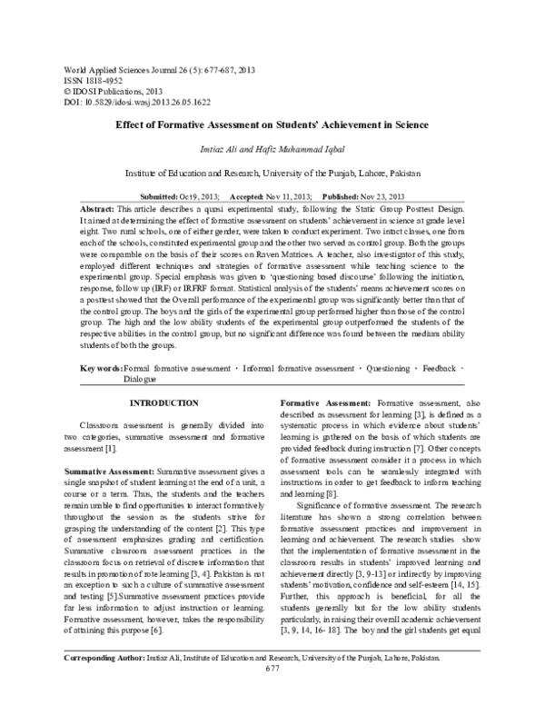 (PDF) Effect of Formative Assessment on Students' Achievement in Science