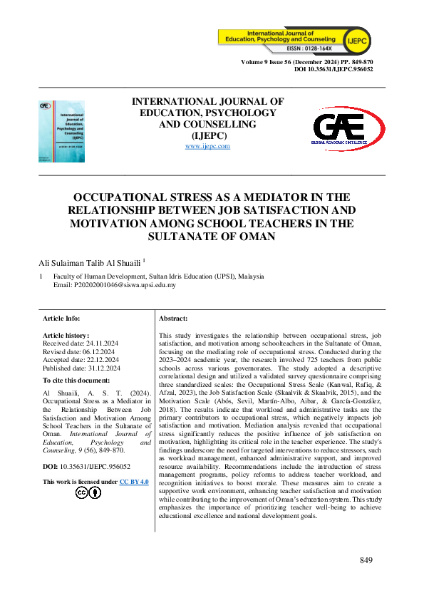 (PDF) OCCUPATIONAL STRESS AS A MEDIATOR IN THE RELATIONSHIP BETWEEN JOB ...