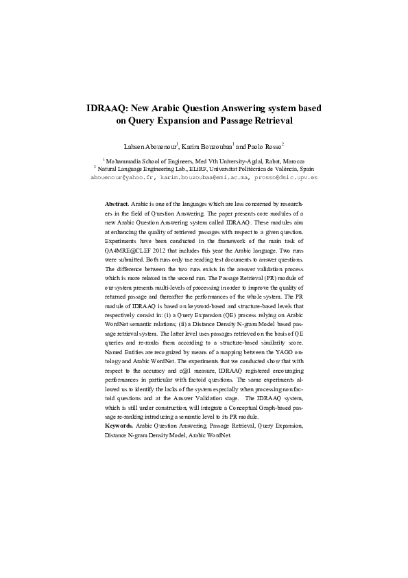 (PDF) IDRAAQ: New Arabic Question Answering System Based on Query ...