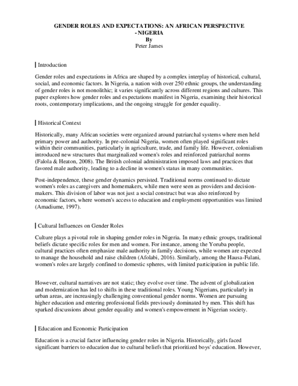 (PDF) GENDER ROLES AND EXPECTATIONS: AN AFRICAN PERSPECTIVE -NIGERIA By