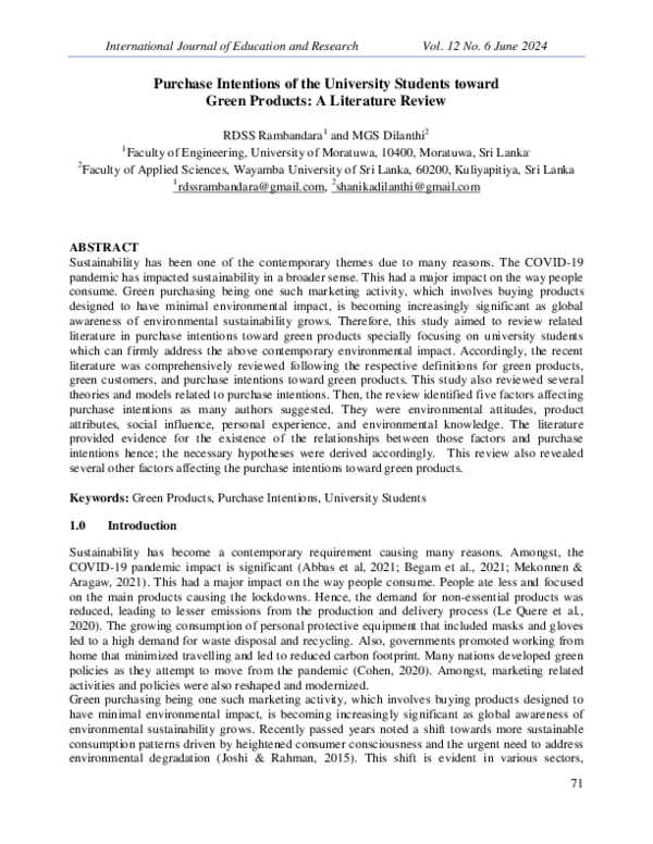 (PDF) Purchase Intentions of the University Students toward Green ...
