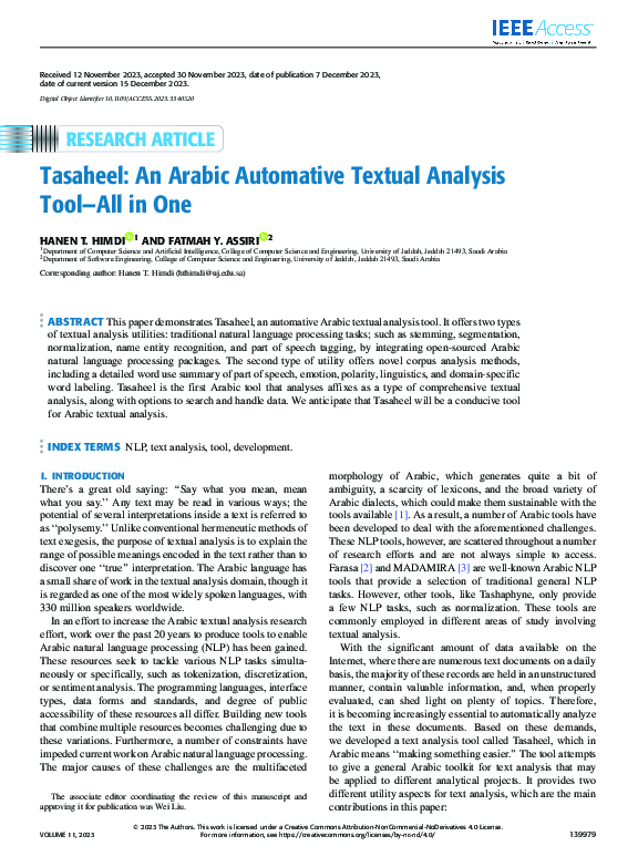 (PDF) Tasaheel: An Arabic Automative Textual Analysis Tool-All in One