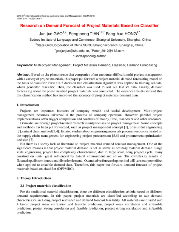 (PDF) Research on Demand Forecast of Project Materials Based on Classifier