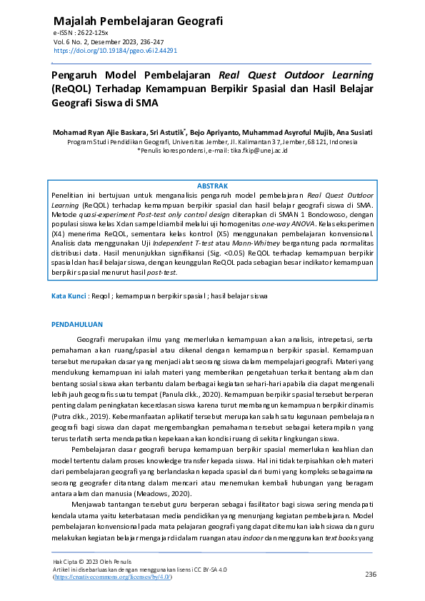 (PDF) Pengaruh Model Pembelajaran Real Quest Outdoor Learning (ReQOL ...