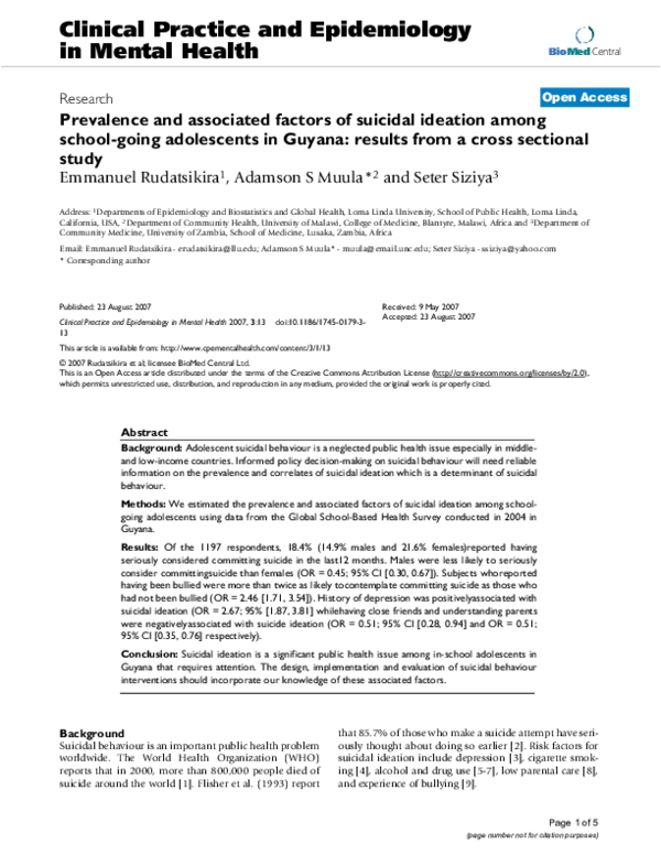 (PDF) Prevalence and associated factors of suicidal ideation among ...