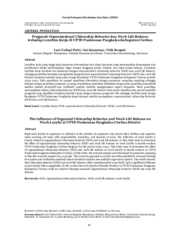 (PDF) Pengaruh Organizational Citizenship Behavior dan Work Life ...