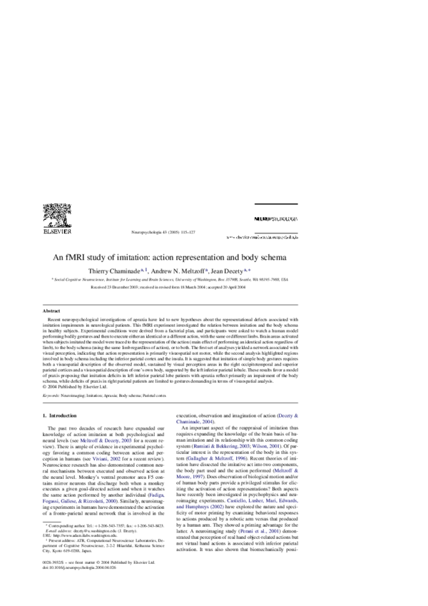 (PDF) An fMRI study of imitation: action representation and body schema