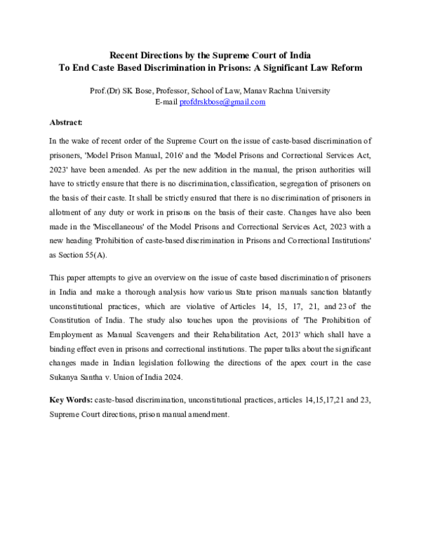 (PDF) Recent Directions by the Supreme Court of India To End Caste ...