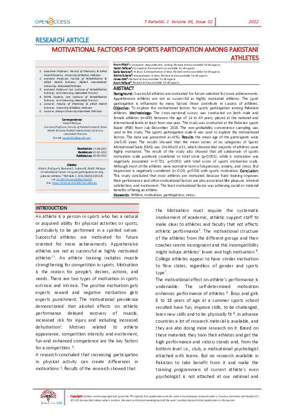 (PDF) Motivational Factors Associated with Sports Participation Among ...