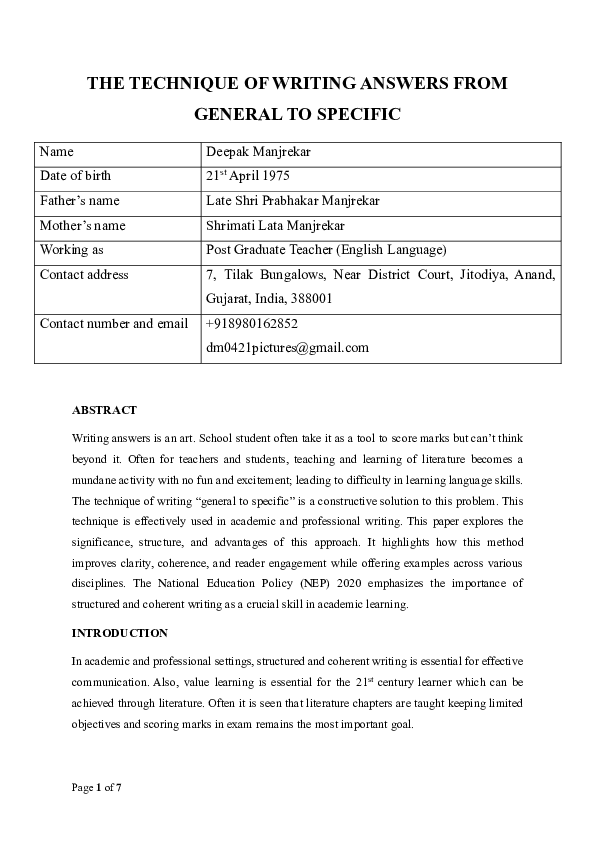 (PDF) THE TECHNIQUE OF WRITING ANSWERS FROM GENERAL TO SPECIFIC