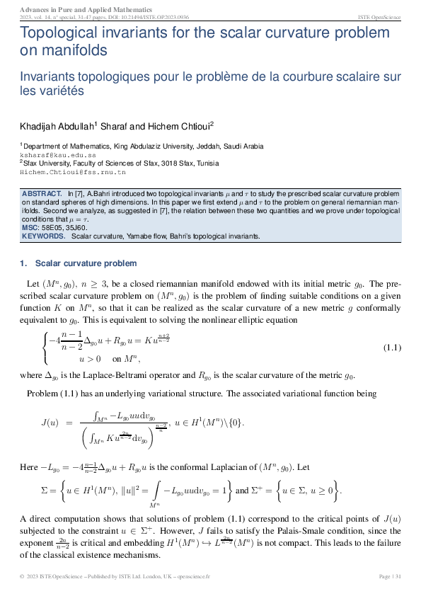 (PDF) Topological invariants for the scalar curvature problem on manifolds