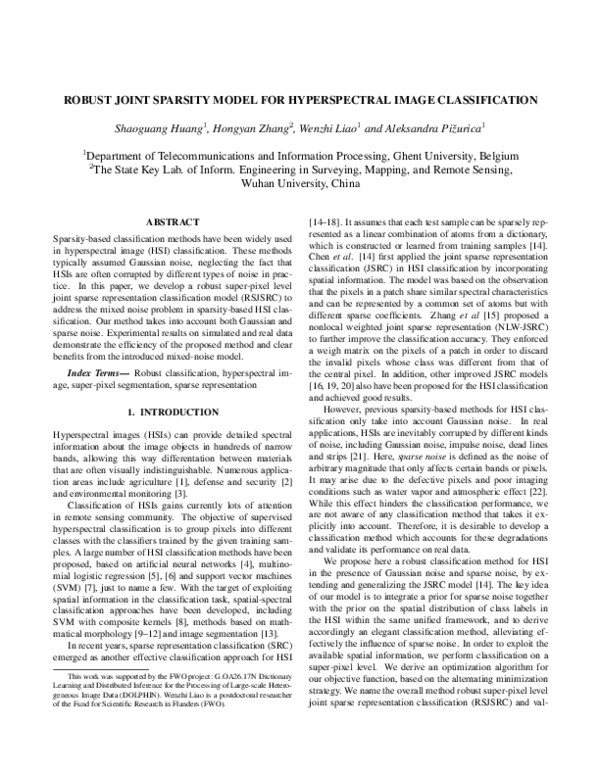 (PDF) Robust joint sparsity model for hyperspectral image classification