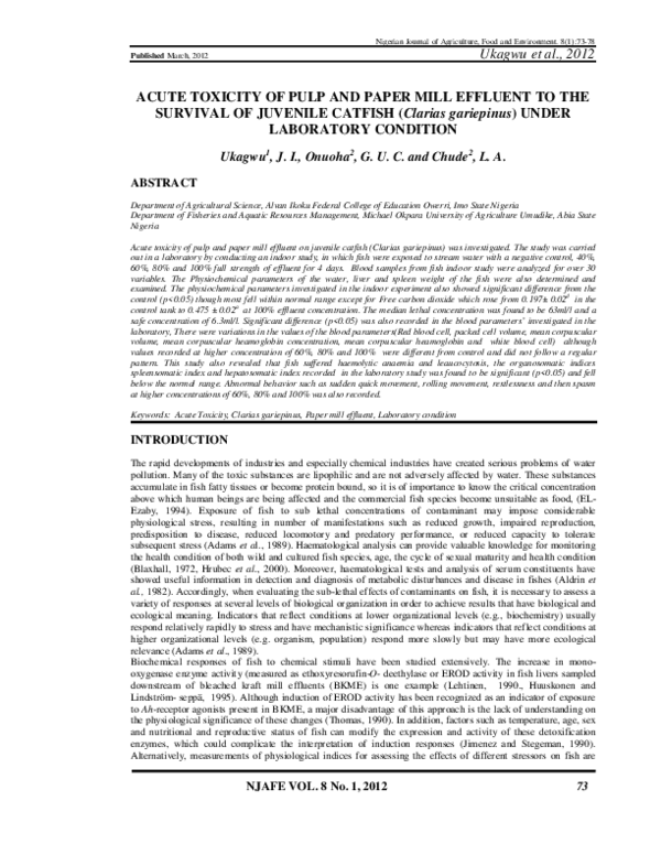 (PDF) ACUTE TOXICITY OF PULP AND PAPER MILL EFFLUENT TO THE SURVIVAL OF ...