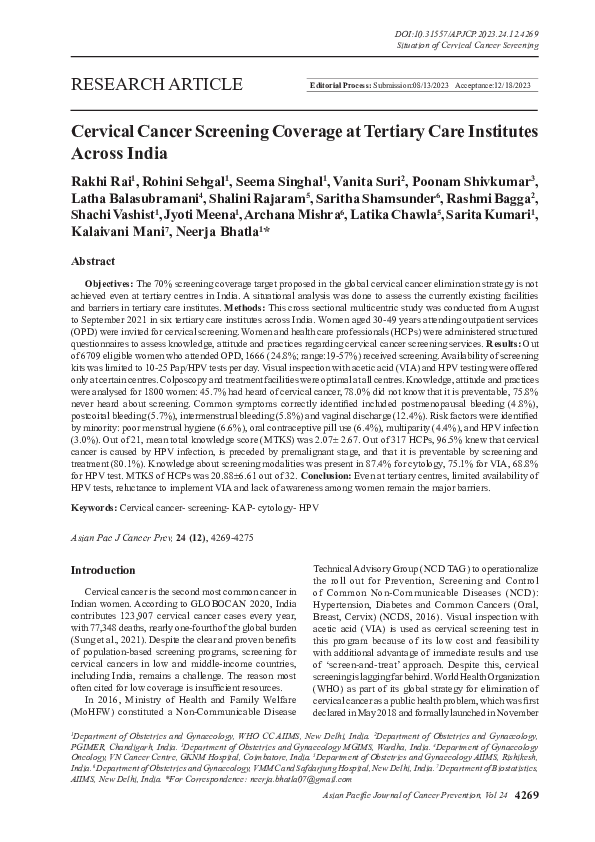 (PDF) Cervical Cancer Screening Coverage at Tertiary Care Institutes ...