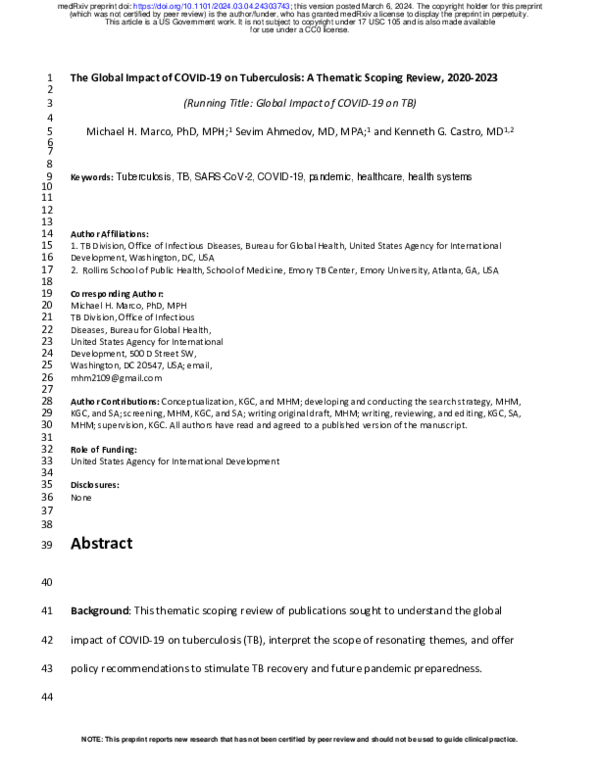 (PDF) The Global Impact of COVID-19 on Tuberculosis: A Thematic Scoping ...