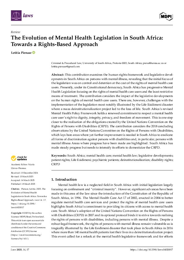 (PDF) The Evolution of Mental Health Legislation in South Africa ...