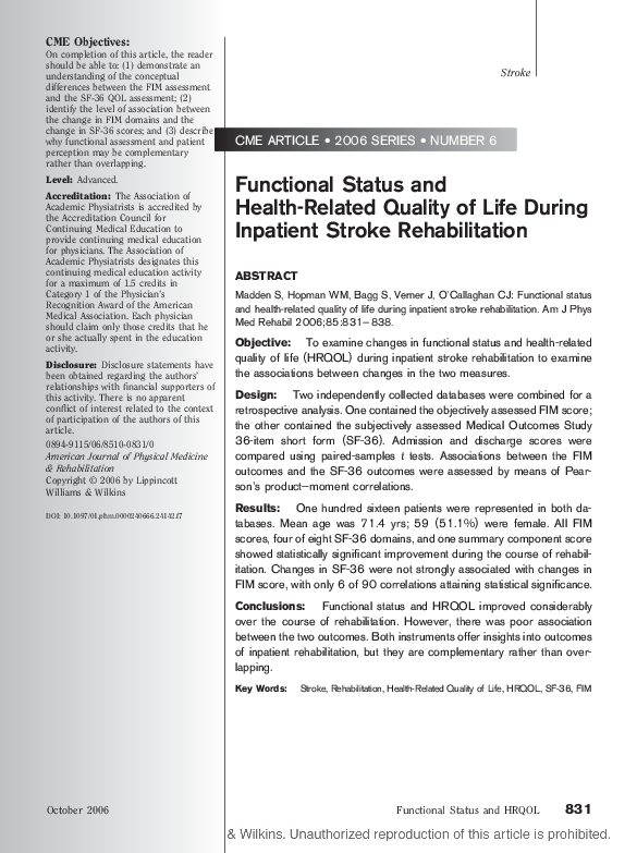 (PDF) Functional Status and Health-Related Quality of Life During ...