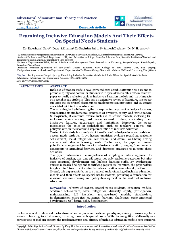 (PDF) Examining Inclusive Education Models And Their Effects On Special ...
