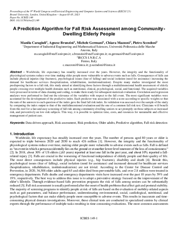 (PDF) A Prediction Algorithm For Fall Risk Assessment Among Community ...